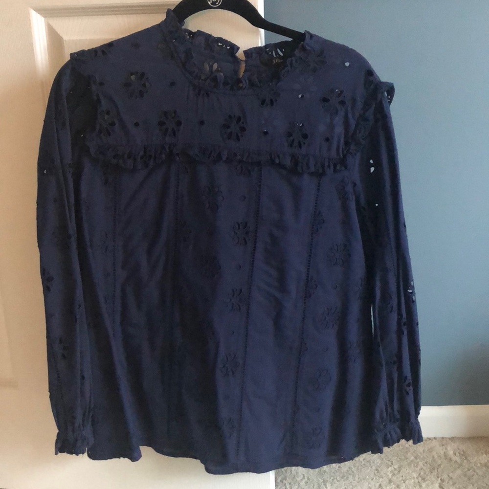 J. Crew Navy Eyelet Long Sleeve Top